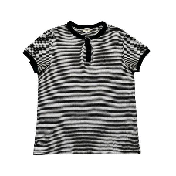 Striped button collarless polo